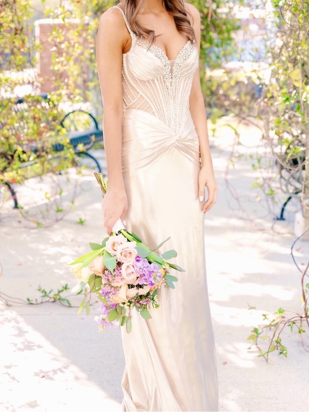Satin Champagne Prom Dress with Beaded Bodice